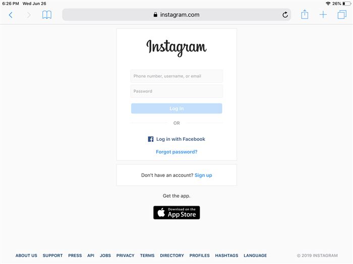 The instagram.com login screen in Safari for iPad